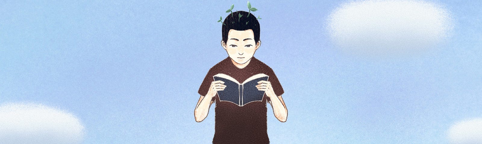 An illustration of a boy reading a book in nature while new plants grow out of his mind.