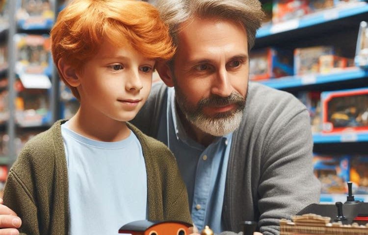 A red-haired twelve year old boy looking at a toy train with his dad in a toy store.