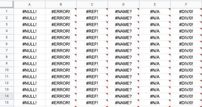6 columns of a Google Sheets, each columns shows a different error message