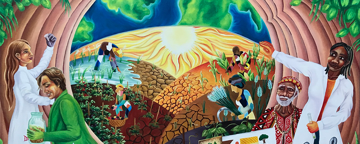 A painting depicting the planet earth and farming on dry land, with water supplies helping to cultivate crops. Framing the design are researchers in lab coats, working with local communities. It features a sun that extends its scorching rays onto fields of five important crops: rice, maize, tomatoes, wheat, and beans. Cracked ground and wilted plants are visible where the intensity of the sun’s rays is the highest