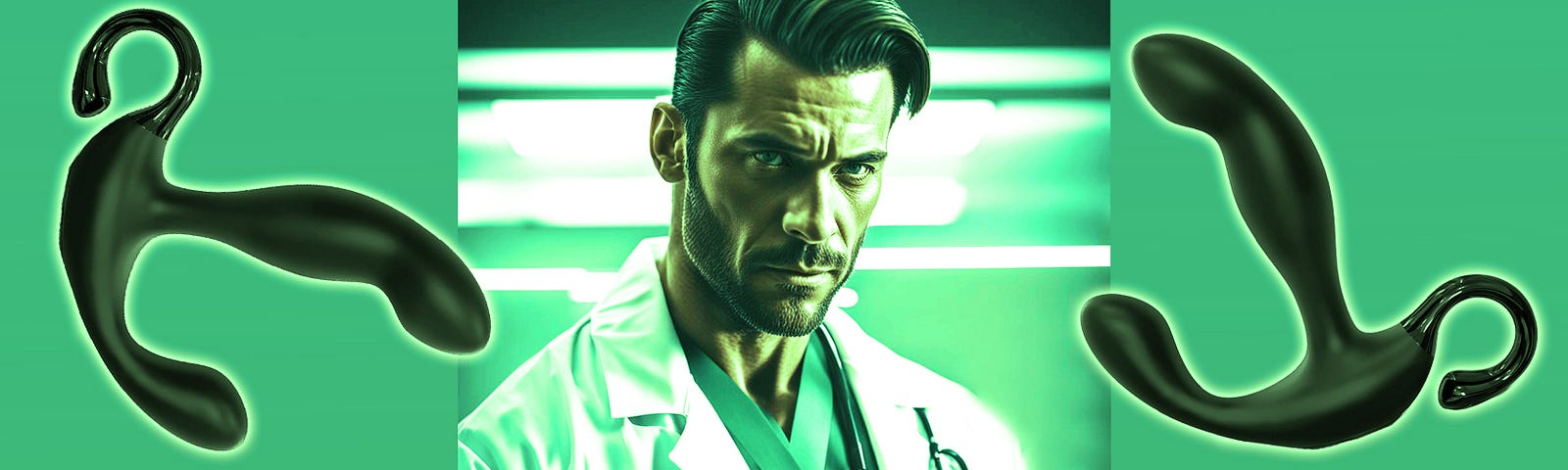 Dr. Emery, the Proctologist, a handsome man with ark well-coiffed hair, wearing a doctor’s coat — Image generated in NightCafeStudio and further altered in Photoshop. Photo filter: Green.
