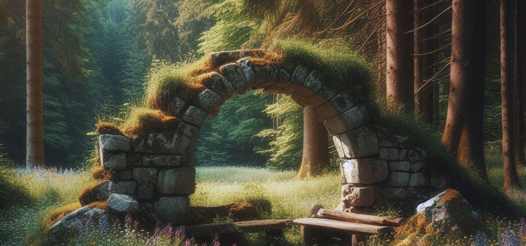 An old stone archway in a forest clearing with a broken alter stone, surrounded by wildflowers.