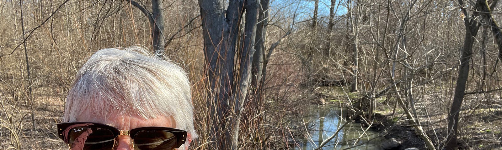 Author Photo — Morning Park Walk Over a Bridge. Stream in Background.