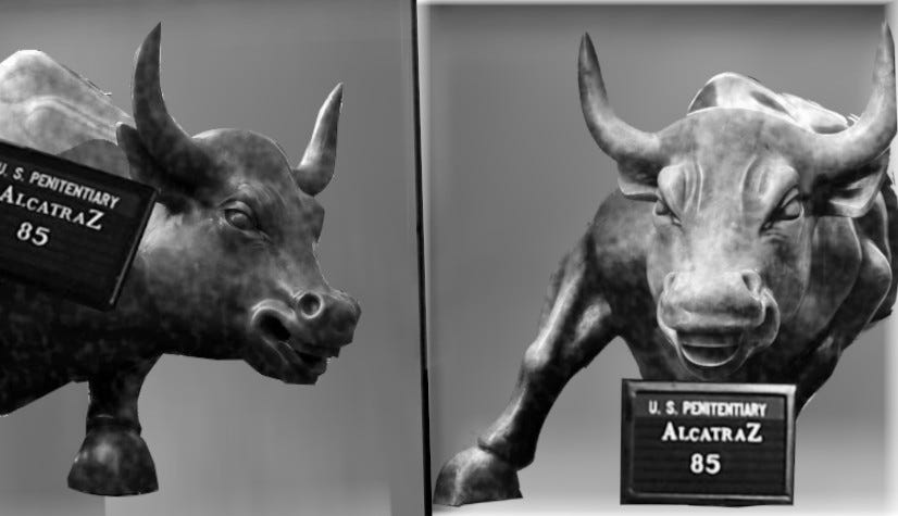 An old-timey prison mugshot in which the Wall Street ‘Charging Bull’ statue poses side-by-side, in profile and frontally, with Al Capone’s Alcatraz booking slate in each frame.