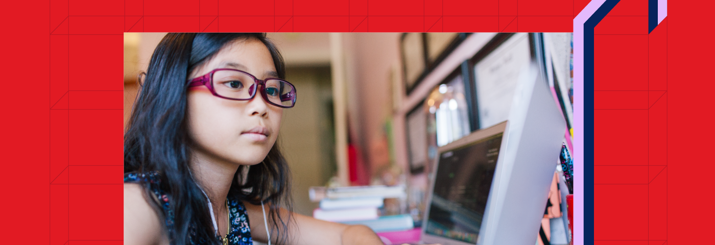 Young girl works at a laptop. Image is on a desgined red background with a graphic arrow pointing upwards.