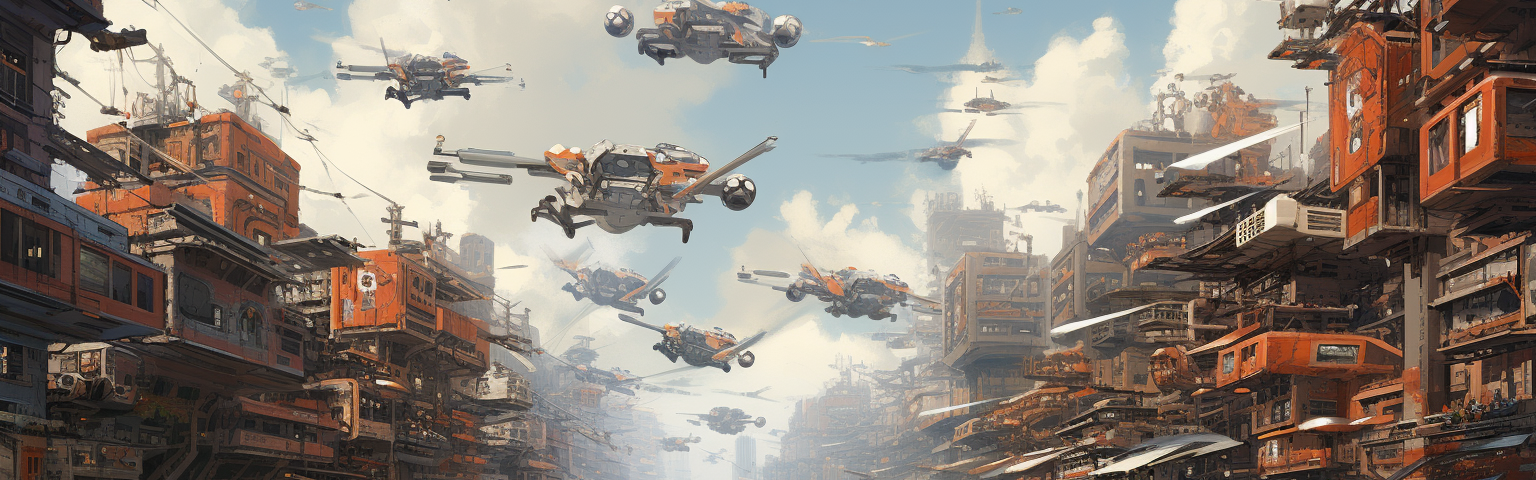 Midjourney generated image of a city with a sky crowded with flying quadcopters carrying people