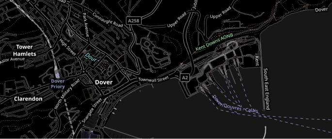 High Contrast map example depicting a coastline and highways