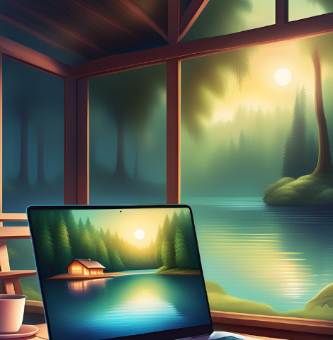 A laptop and a cup of coffee inside a home in the woods by a lake.