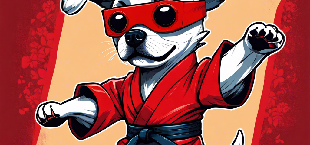 I asked Dall-E image generato to “Draw a cute penry pooch doing karate, with a red rob and a mask covering his eyes, jumping and being clumsy”. It is not quite Hong Kong Phooey, but it will do.