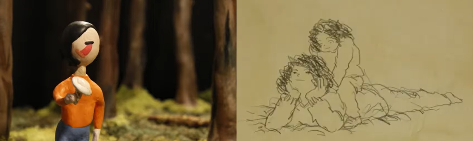 A compound image made of two film stills. On the left from IN THE SHADOW OF THE PINES by Anne Koizumi is a claymation Asian character wearing an orange shirt and blue pants, holding a mushroom standing in a pine forest. On the right from TIGER AND OX by Seunghee Kim is a pencil sketch of a daughter figure sitting on her mother’s back. Her mother is lying down on the floor with her face propped up in her hands.