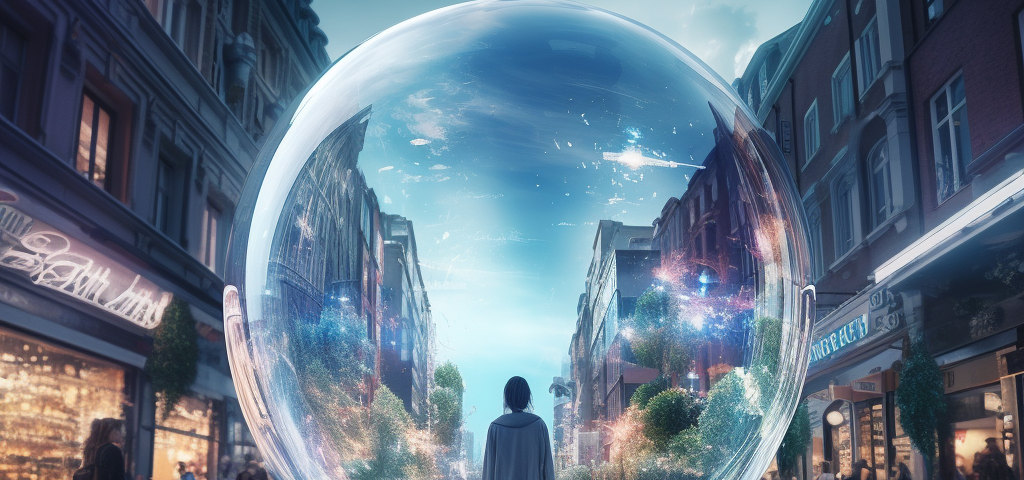 A woman seen from behind, walking downt the street inside of a big bubble which distorts the view of the city around her.
