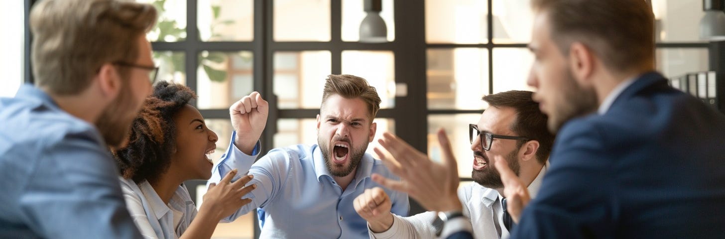 A group of corporate professionals passionately arguing during a heated meeting in a bright office space.