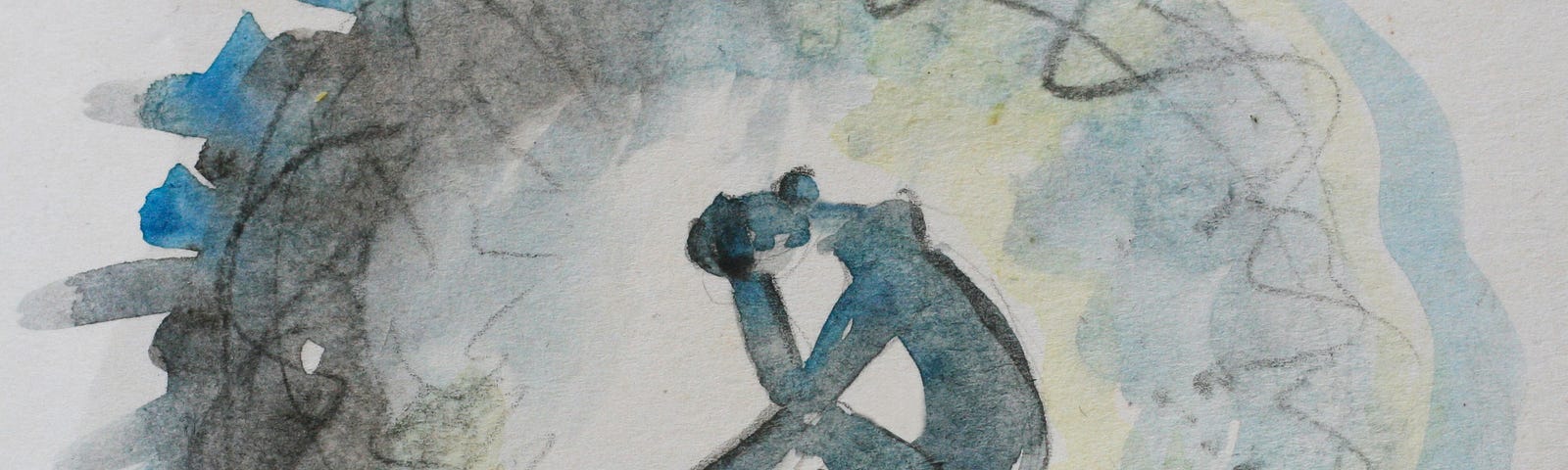 watercolor painting of a gray abstract woman surrounded by a blue, black, and gray morass