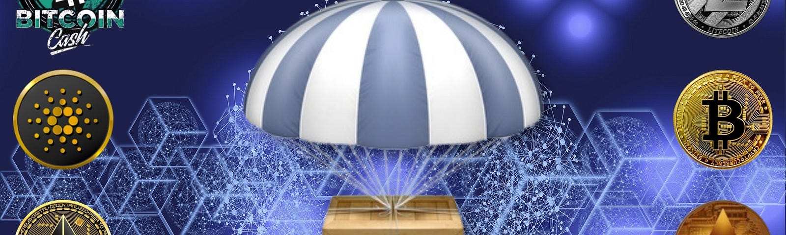 An airdrop crate with a parachute on a dark blue background with several logos of cryptocurrencies on the right and left of the picture.