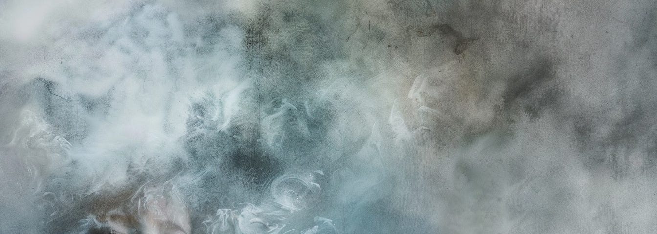 A child’s face on the left bottom with closed eyes partially obscured by misty, foggy swirls.