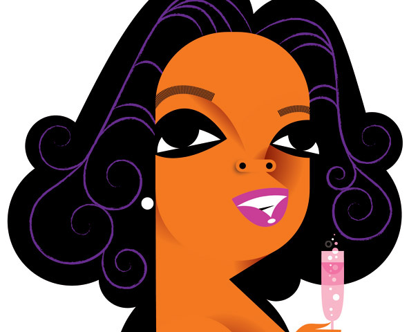 A comic rendering of Oprah Winfrey daintily holding a thin glass of a pink bubbly liquid