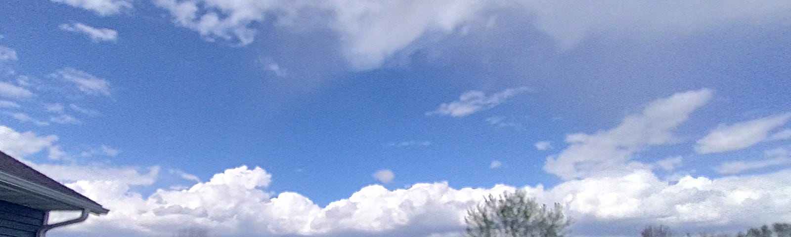 View of a quiet front yard with green grass beneath a cloudy sky on a day with rain. Photo by author.
