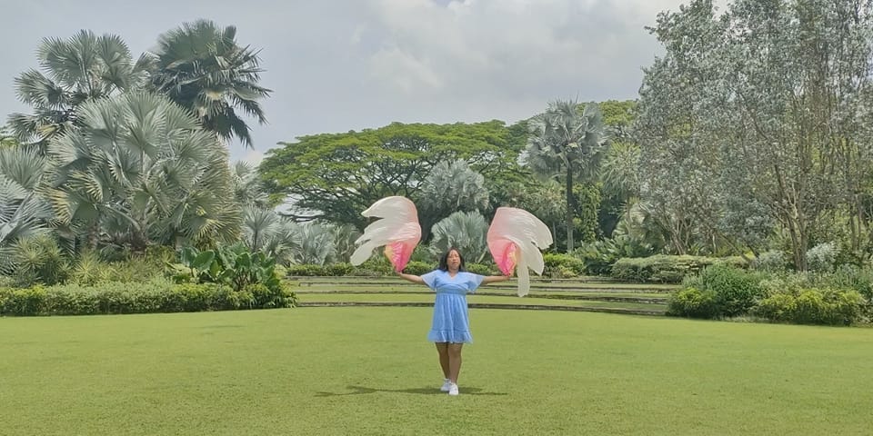 Photograph of me in a blue dress standing on the green field while holding up two pink-peach silk fan veils.