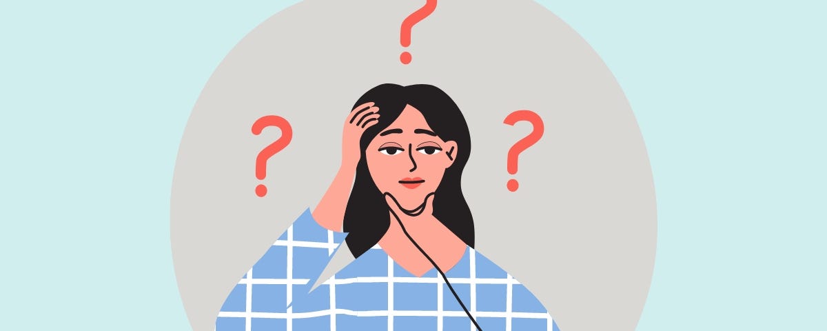 Woman thinking, shown by question marks surrounding her