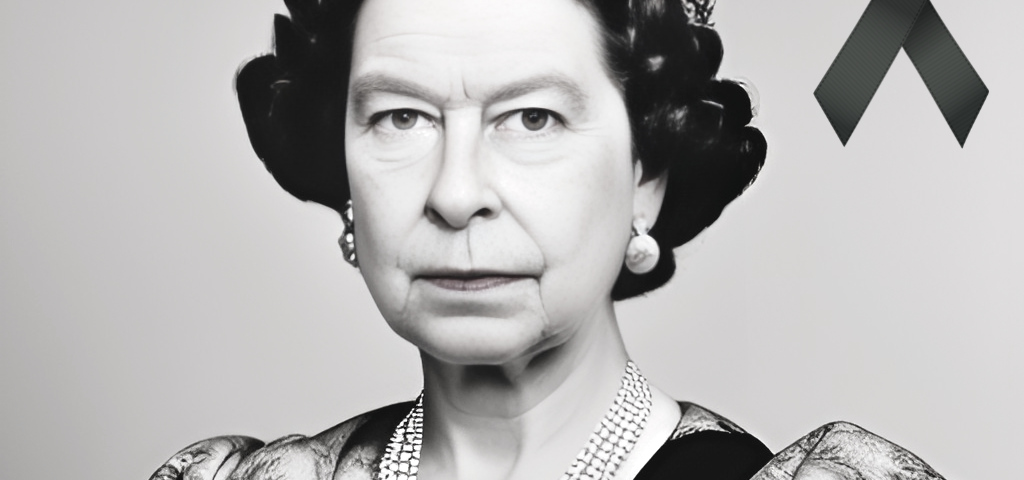 A royal portrait of Queen Elizabeth II in complete regalia, looking down melancholically. The Illustration has a soft focus, in black and white giving it a timeless and somber feel.