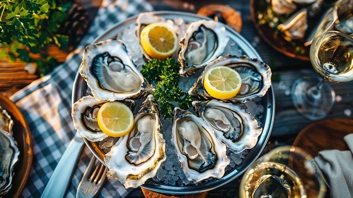 A silver tray filled with enormous oysters-on-the-half shell with three lemon halves on a checkered napkin.