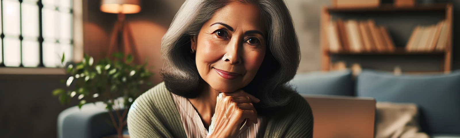 A senior South Asian woman, engaging the camera with a warm, empathetic gaze, in a comfortable home setting. She is surrounded by books and a laptop, indicative of lifelong learning and wisdom. A plant in the background adds a touch of growth and nurturing, symbolizing personal development and emotional intelligence. The image conveys a narrative of experience, understanding, and the capacity to mentor others.