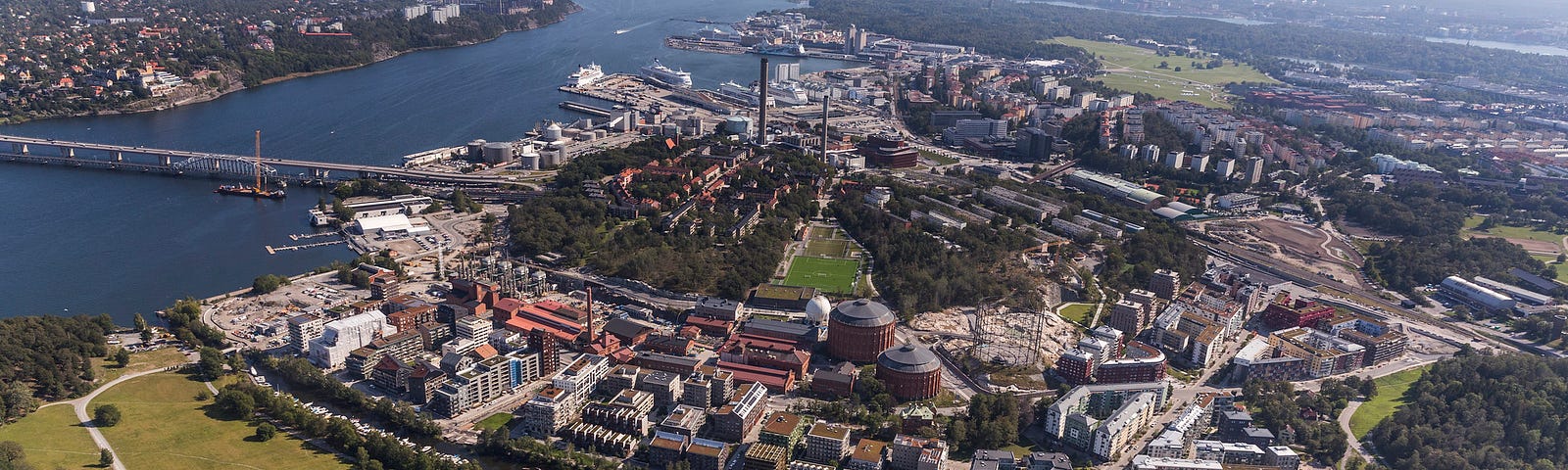 An aerial view of the Royal Seaport development in Stockholm, looking south.