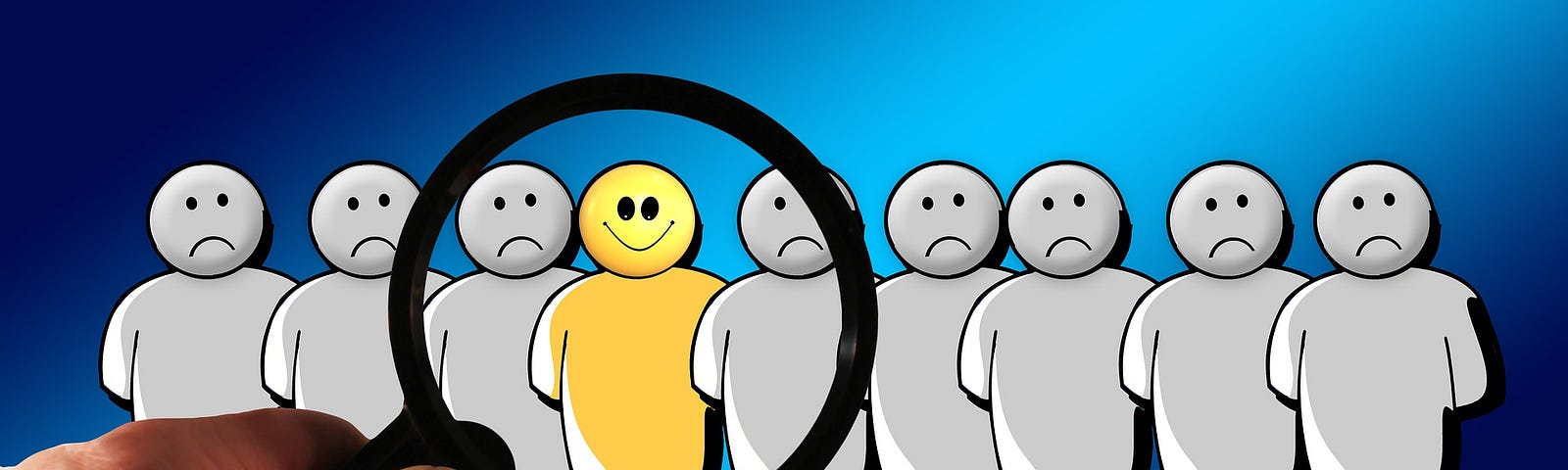 This is a picture with a blue back ground with white emoji-type figures in the foreground. All but one are white with frowns on their faces. There is a hand holding a magnifying glass over one of the figures. This figure is bright yellow and it has a smile on its face.