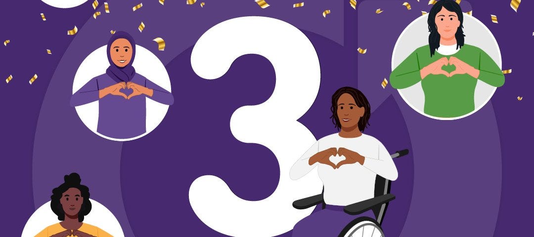 International Women’s Day image featuring 4 women on a purple background. Image says ‘3 days to go’