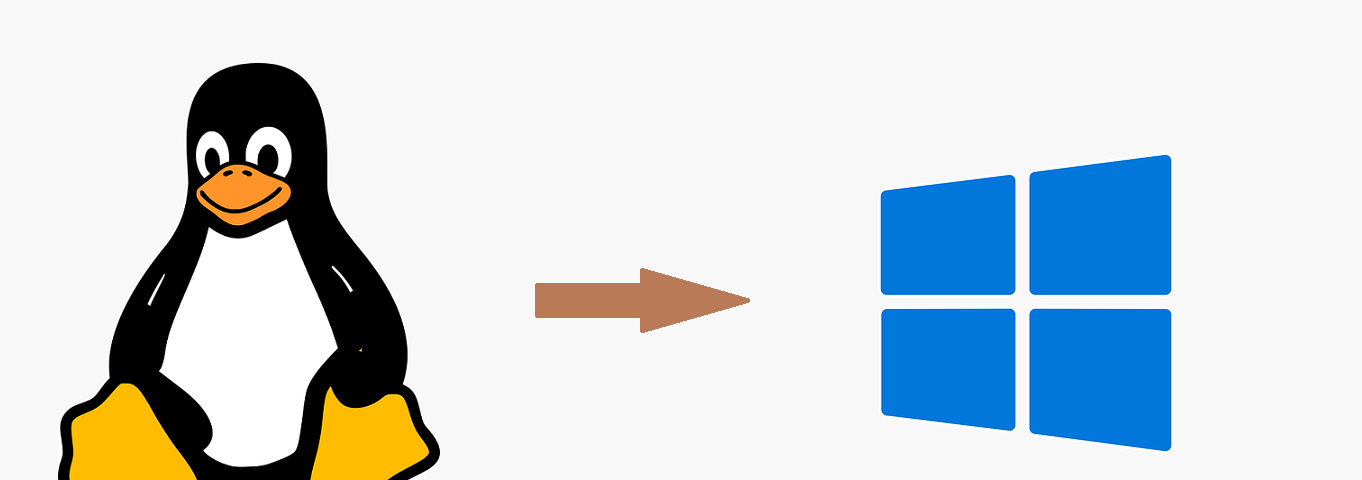 A Linux penguin symbol on the left, and arrow points from it to a Windows symbol