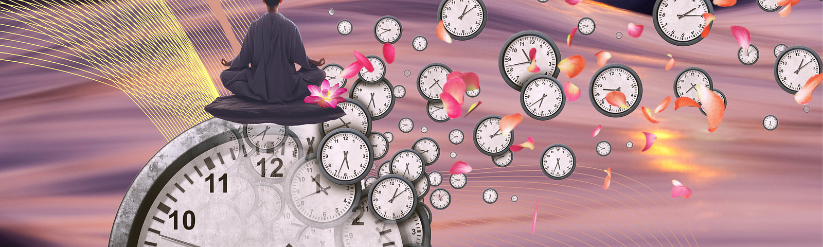A person sits meditating on a huge clock, with tiny clocks drifting away from it like flower petals agains a background of flowing waves.