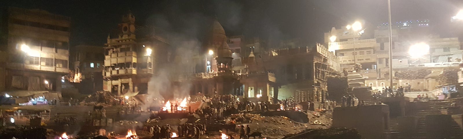 The Manikarnika Ghat at night with the ongoing cremations. Photo was taken by the author.