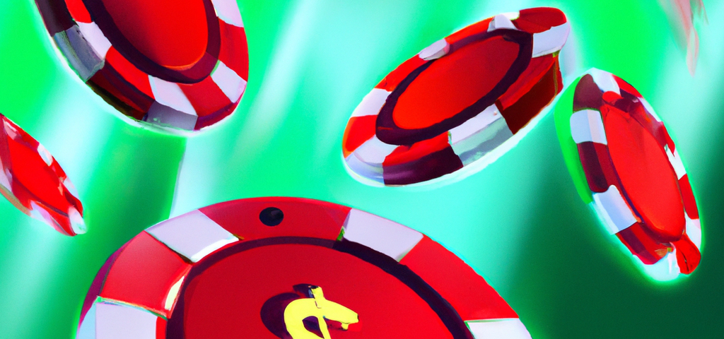 Digital art of a red poker chips flying through the air on a green background.