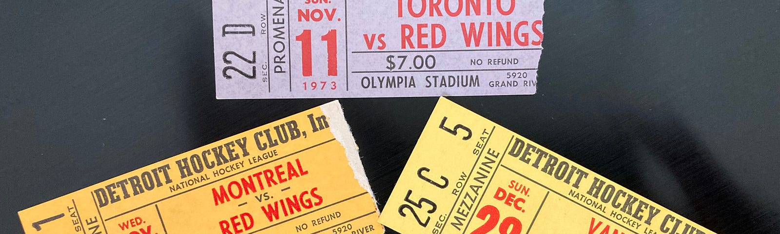 Three different ticket stubs for Detroit Red Wing hockey games in the 1970s