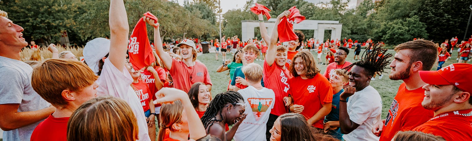 A group of students dance at the Chancellor’s BBQ to welcome the class of 2026 in the greenspace by the Nebraska Union