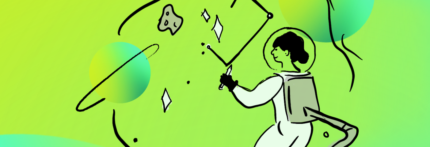 一幅以绿色为背景的宇航员在太空中绘制行星之间的星座的插图。