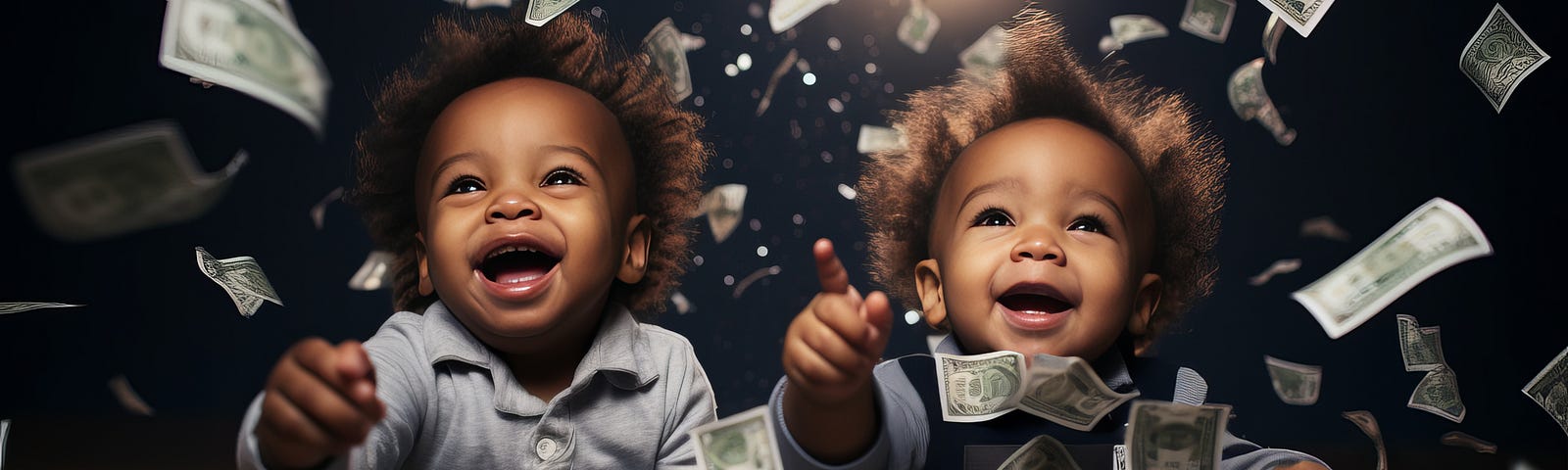 two playful hyperactive cute toddler twins surrounded by money on the floor and in the air
