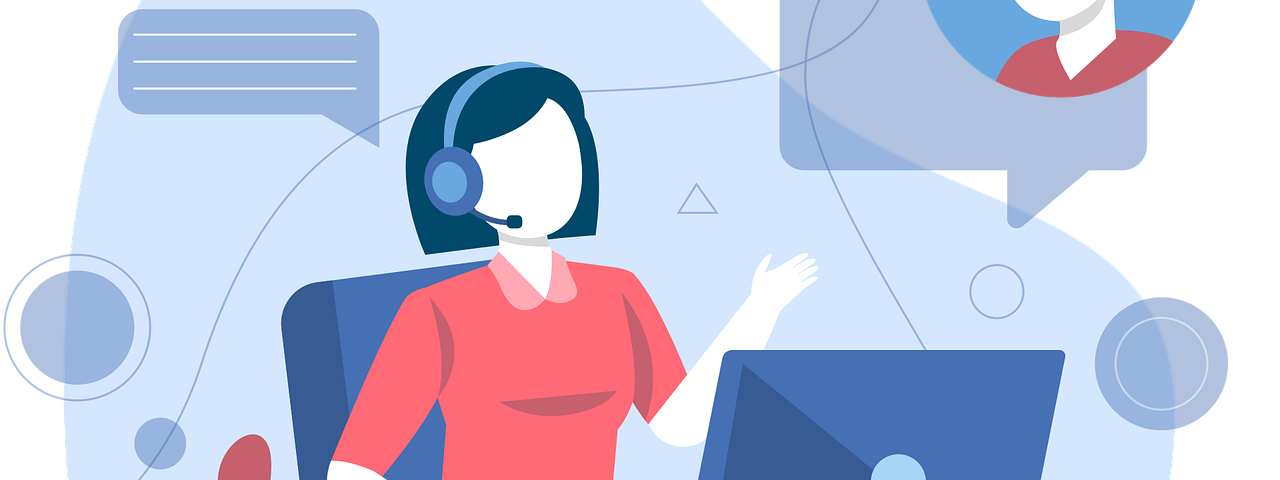 IMAGE: A drawing of a call center operator with headphones and a bunch of drawings around, a headshot of a customer, and icons of a telephone, a e-mail, etc.