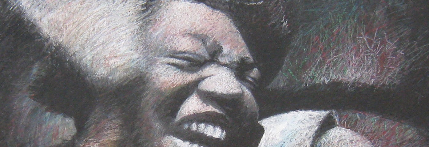 An oil pastel portrait with muted colors depicting a middle-aged African American woman wearing a light blue blouse against a dark black background, created by the author. The expression on the woman’s face is rapturous with resilience, eyes tightly closed, mouth open and her bright white teeth displayed in a shout, as her right hand waves upraised in a blur of movement.