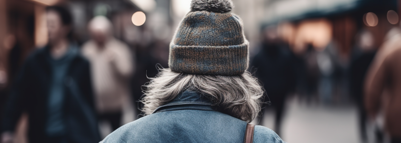 An ageing rocker, with grey hair, denim jacket, and a bobble hat, walks down a busy street.
