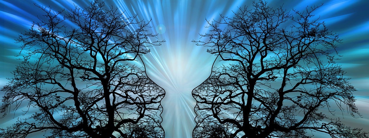 Image with a blue background and white lines running from a white light in the center to the other edges. There are two heads on either side of that light facing each other and trees running through the drawings of the head. The face and trees are black.