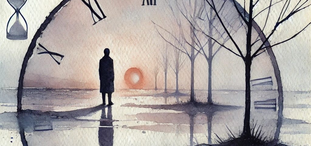 Image created by the Editor via DALL-E 3: A soft watercolour illustration with a solitary figure as the hours pass, enveloped in a trail of desolation and pain, capturing the sense of ‘nothing’ expressed in the poem “ETERNITY.”