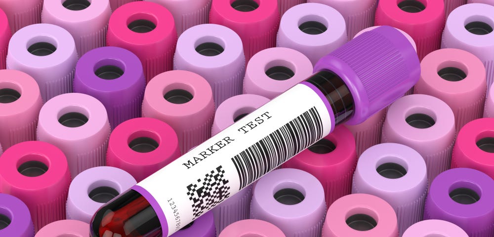 Illustration of blood samples with one marker test laying on top of many others.