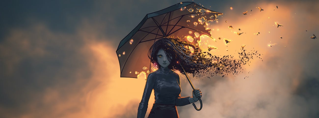 Image: Girl holding an umbrella that is dissolving into embers.