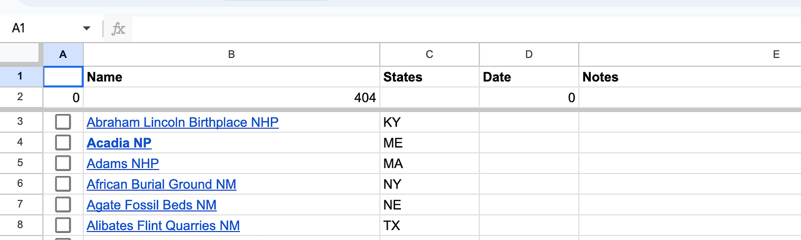 Screenshot of the National Park Checklist spreadsheet showing a list of National Parks.