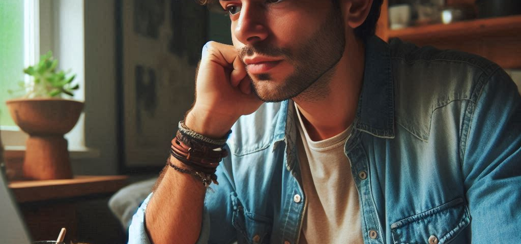 A man sitting at his desk thinking and writing a blog.