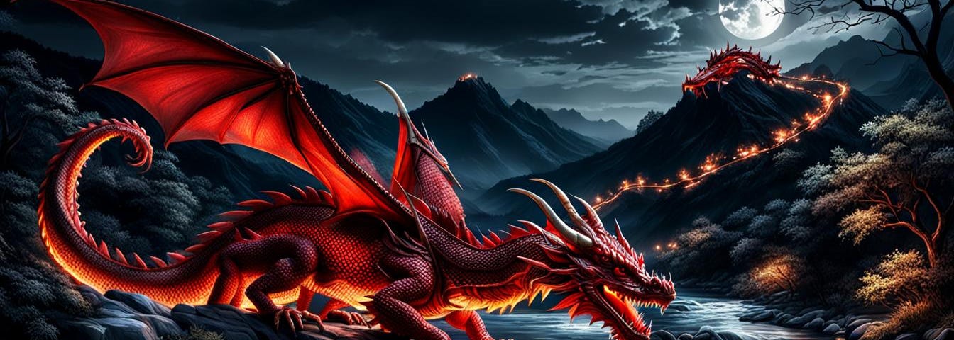 Red dragon by a river at night