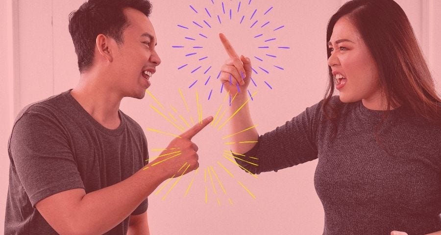 Asian man and woman arguing, sparks coming out of their hands