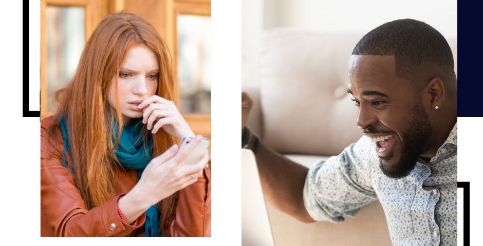 a red headed girl reading on her cell phone and a block man reading on his computer