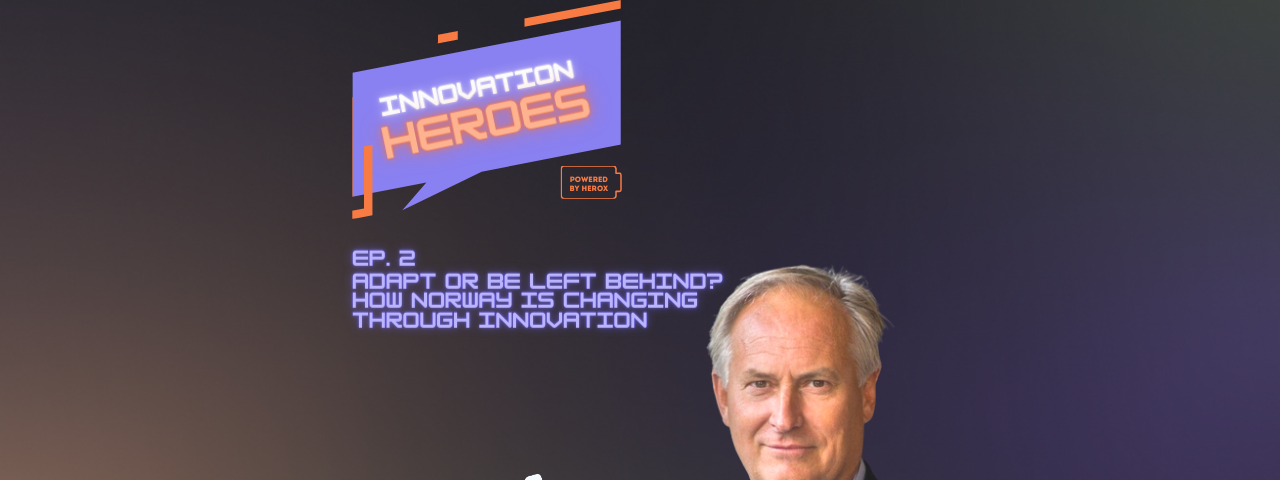 Image with a dark grey background and a picture of Truls Berg that has a silhouette of a caped super hero that depicts his shadow. It says “Innovation Heroes — powered by HeroX” in the top left corner followed by “Ep. 2 Adapt or be left behind: How Norway is Changing Through Innovation”.